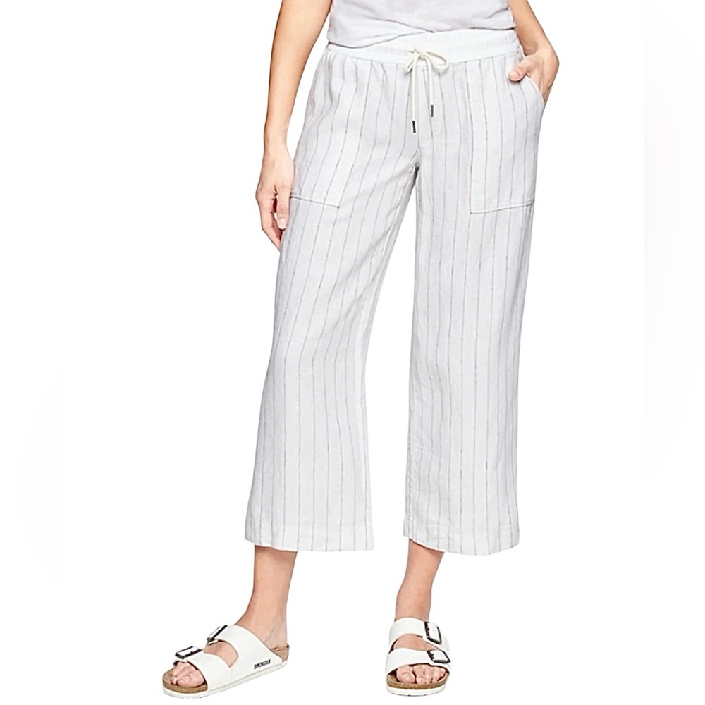 Athleta Stripe Bali Linen Elastic Waist Flowy Wide Leg Crop Pants Size 2 NWOT